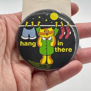 Lot of 3 Vintage 80s 90s Funny Pin Back Buttons - Cat - "Hang in there."
